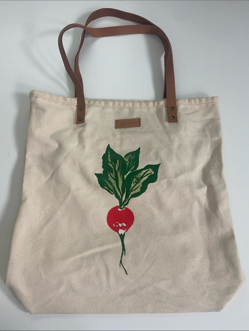 Smith & Hawken Cream Canvas Tote with Red Radish and Brown Straps